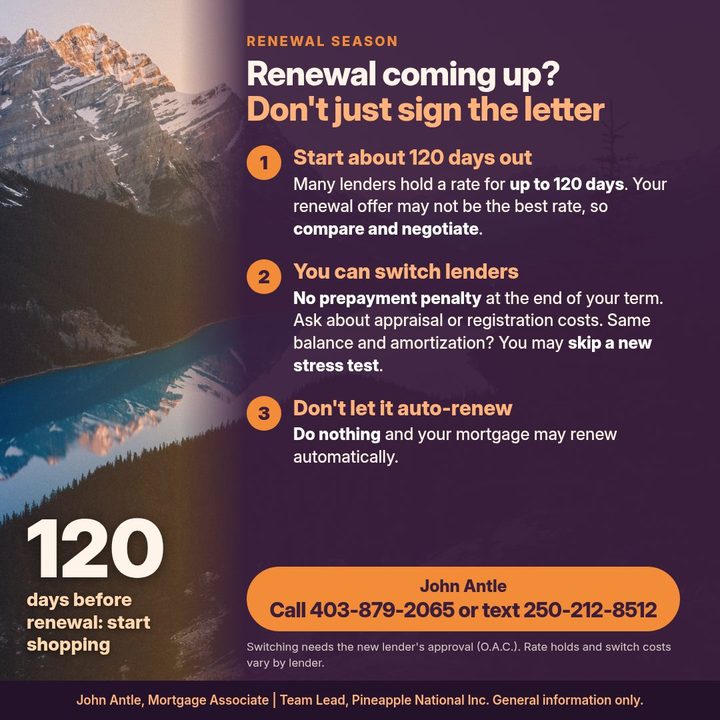 Graphic titled Renewal coming up? Don't just sign the letter, over a sunrise photo of Peyto Lake, Alberta. 120 days before renewal: start shopping. Steps: start about 120 days out; you can switch lenders with no prepayment penalty at the end of your term; don't let it auto-renew. Call 403-879-2065 or text 250-212-8512.