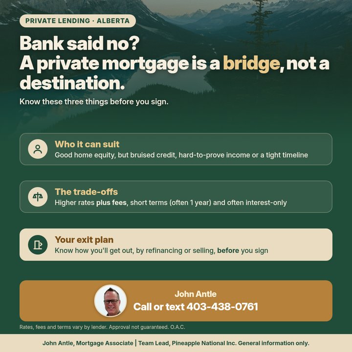 Graphic titled Bank said no? A private mortgage is a bridge, not a destination, over a sunrise photo of Peyto Lake, Alberta. Know these three things before you sign. Who it can suit: good home equity, but bruised credit, hard-to-prove income or a tight timeline. The trade-offs: higher rates plus fees, short terms (often 1 year) and often interest-only. Your exit plan: know how you'll get out, by refinancing or selling, before you sign. John Antle, call or text 403-438-0761. Rates, fees and terms vary by lender. Approval not guaranteed. O.A.C.